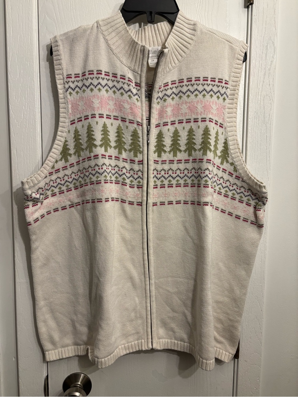 CJ Banks Cream Knit Zip-Front Vest with Pine Tree Fair Isle